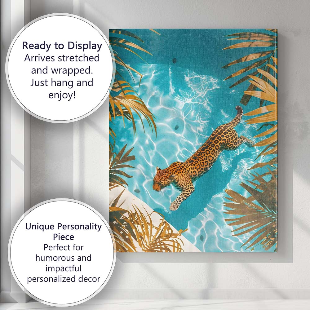 Swimming Leopard In Turquoise Tropical Pool Overhead View Canvas Wall Art Print Decor Picture Ready to Hang