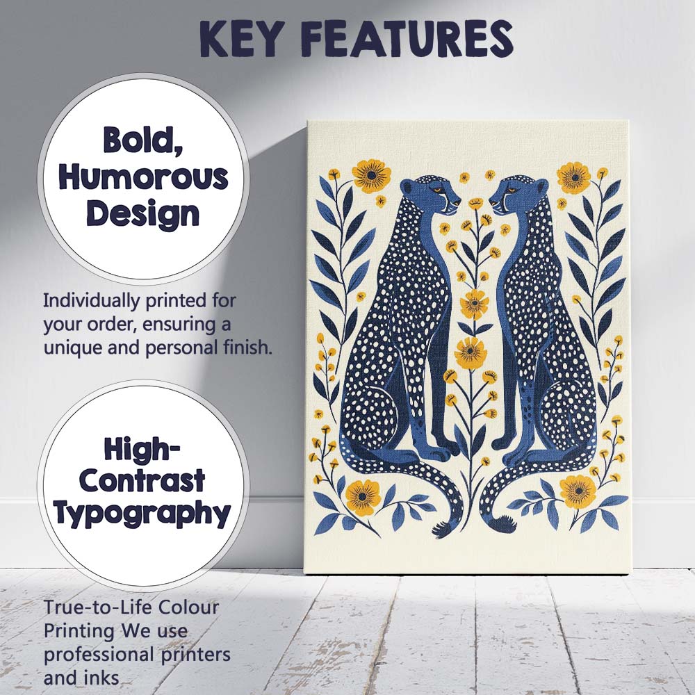 Scandinavian Blue Cheetah Pair Floral Folk Art Canvas Wall Art Print Decor Picture Ready to Hang