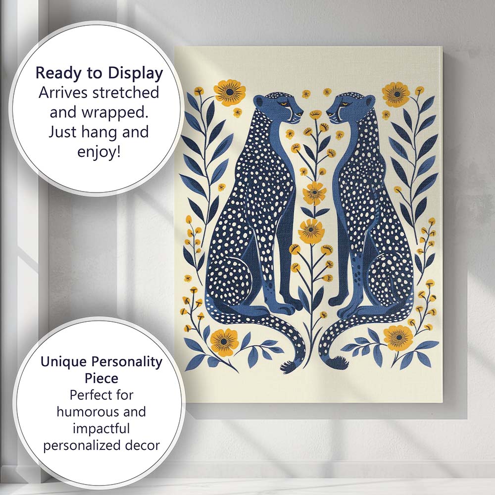 Scandinavian Blue Cheetah Pair Floral Folk Art Canvas Wall Art Print Decor Picture Ready to Hang