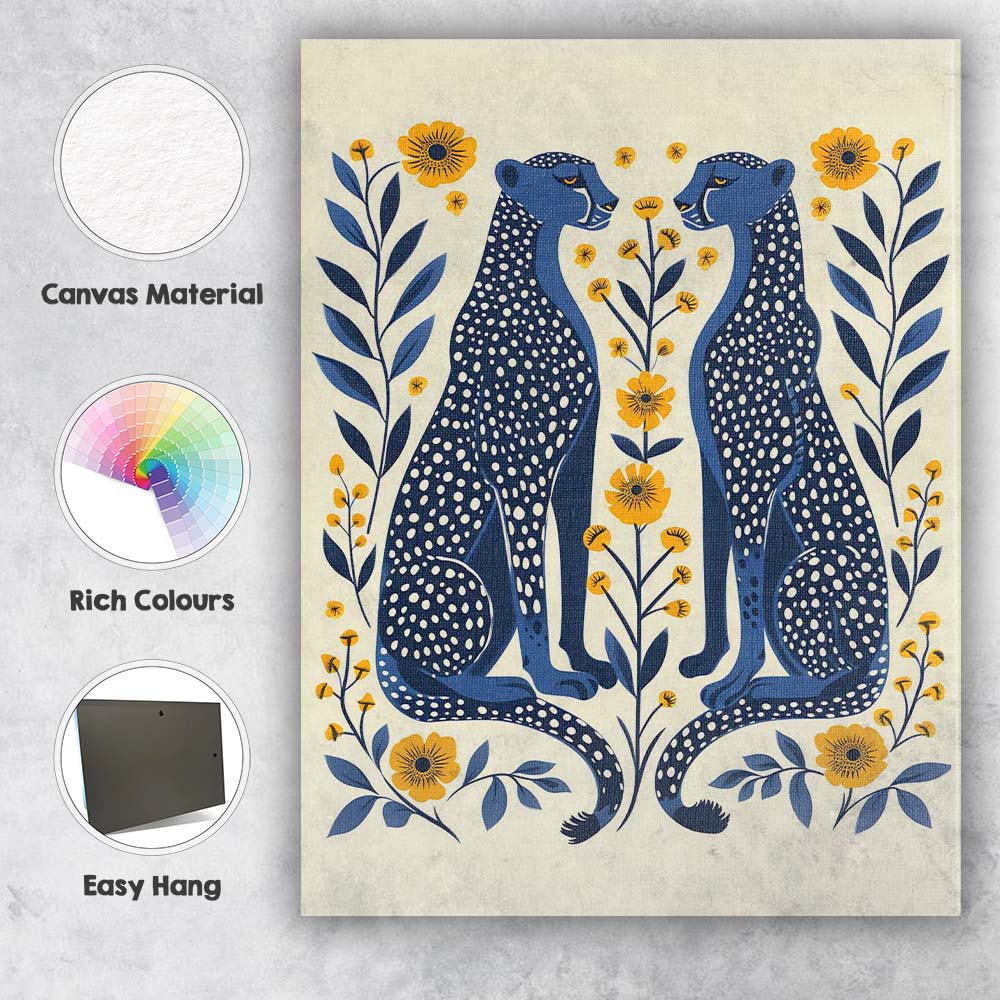 Scandinavian Blue Cheetah Pair Floral Folk Art Canvas Wall Art Print Decor Picture Ready to Hang