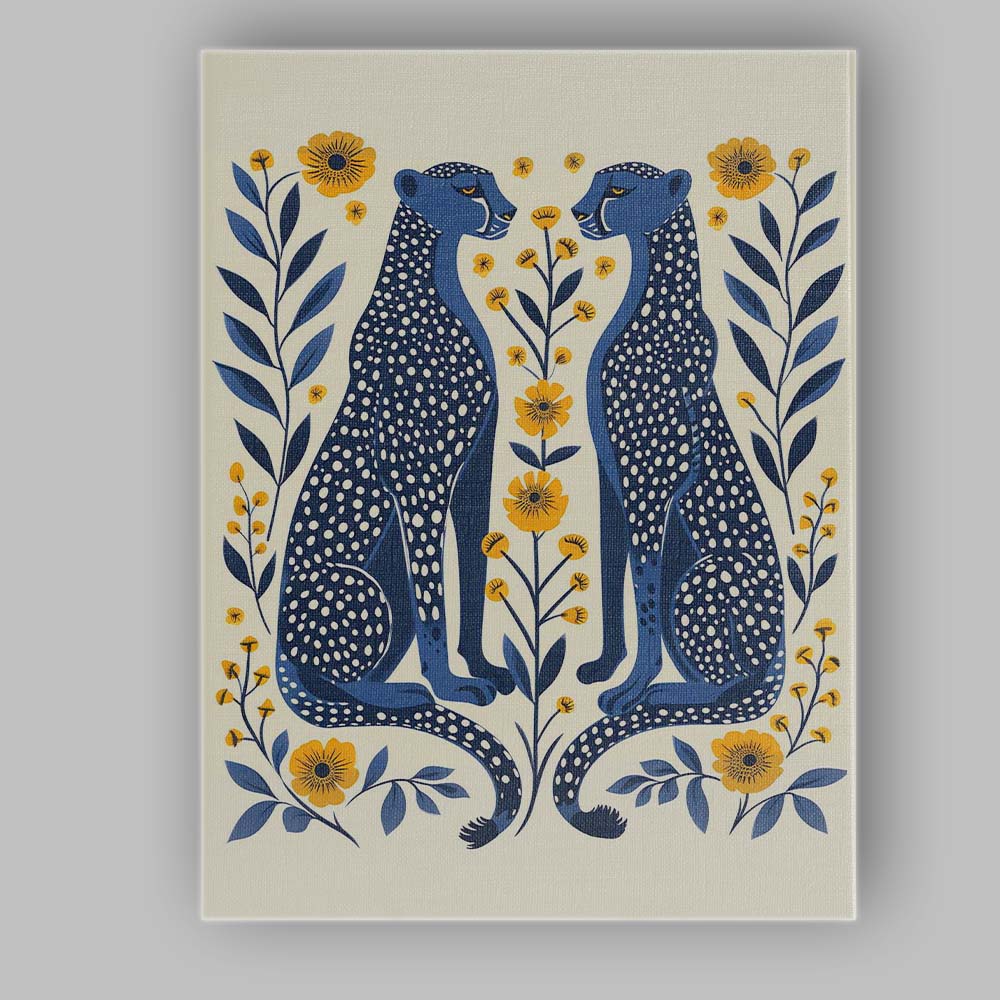 Scandinavian Blue Cheetah Pair Floral Folk Art Canvas Wall Art Print Decor Picture Ready to Hang
