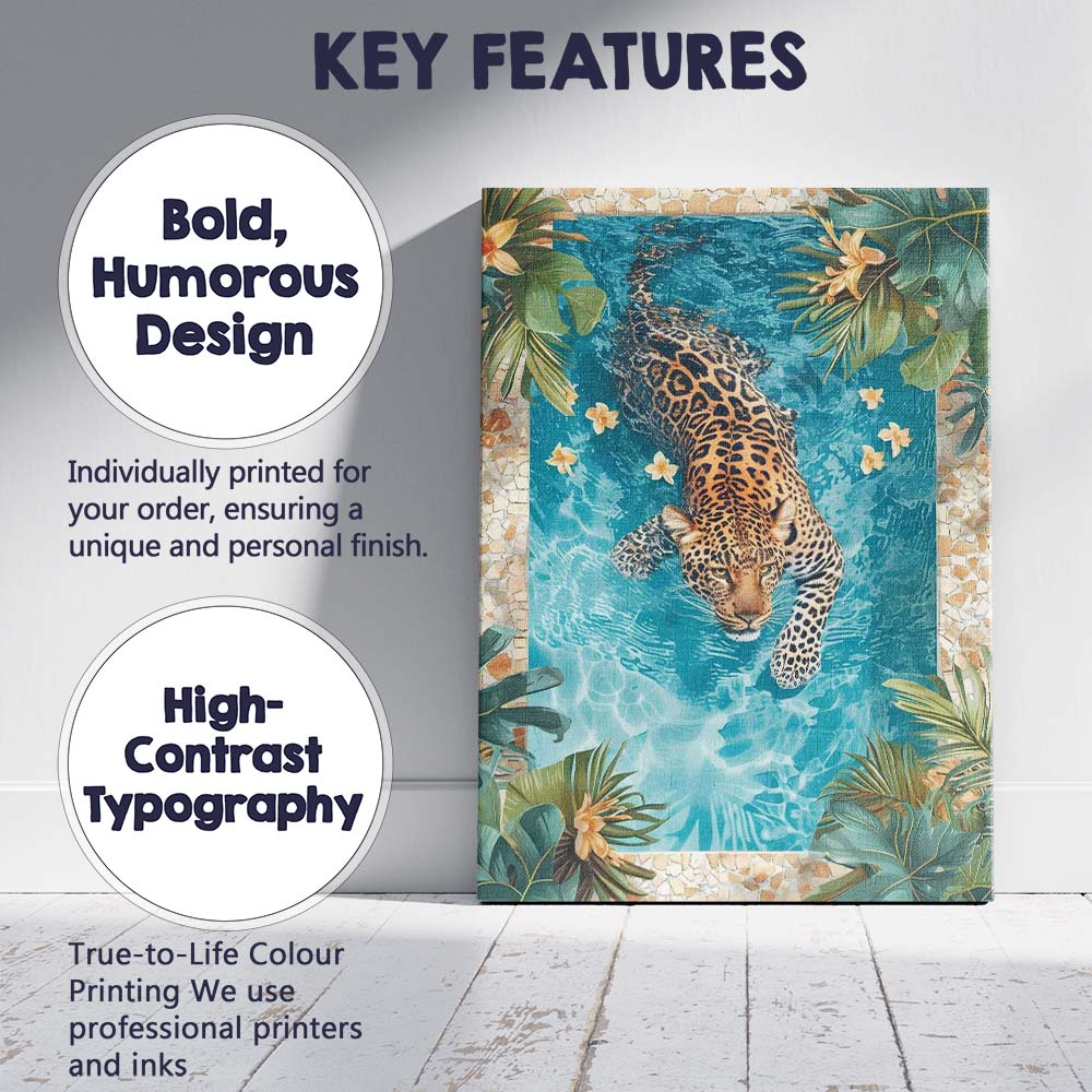 Leopard Swimming In Luxury Tropical Garden Pool Canvas Wall Art Print Decor Picture Ready to Hang