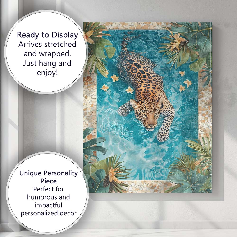 Leopard Swimming In Luxury Tropical Garden Pool Canvas Wall Art Print Decor Picture Ready to Hang
