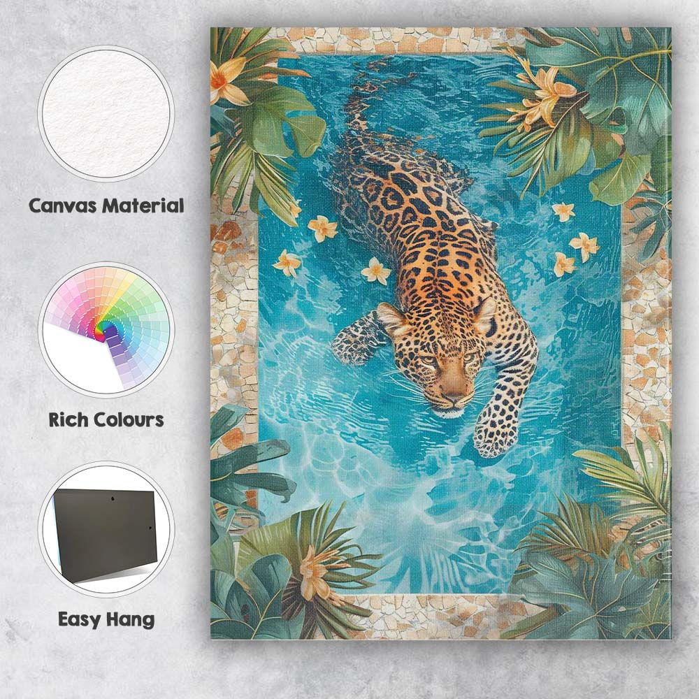 Leopard Swimming In Luxury Tropical Garden Pool Canvas Wall Art Print Decor Picture Ready to Hang