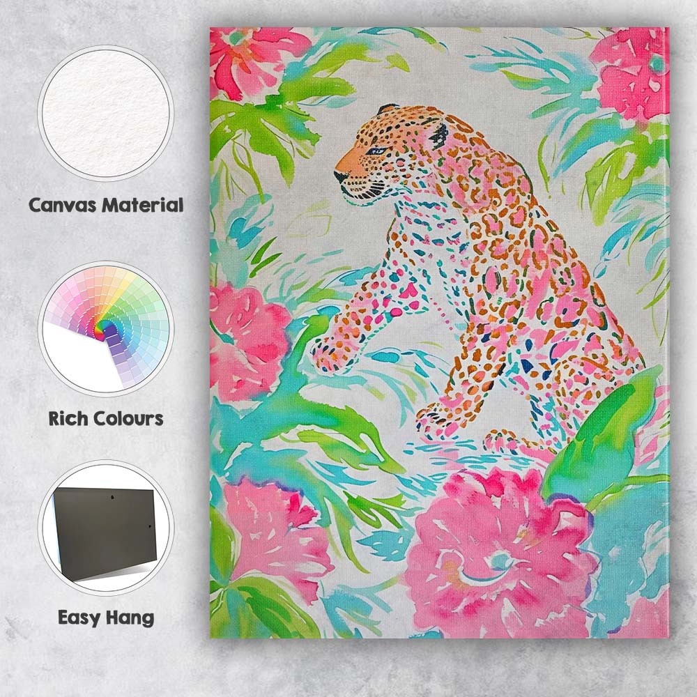 Pink Tropical Watercolour Leopard Botanical Illustration Canvas Wall Art Print Decor Picture Ready to Hang