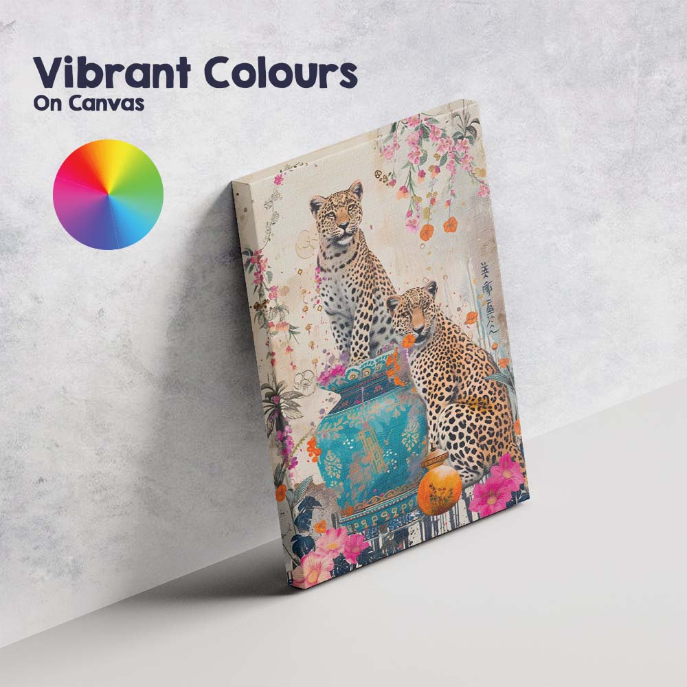 Decorative Leopard Pair With Ornate Blue Vase Floral Collage Canvas Wall Art Print Decor Picture Ready to Hang