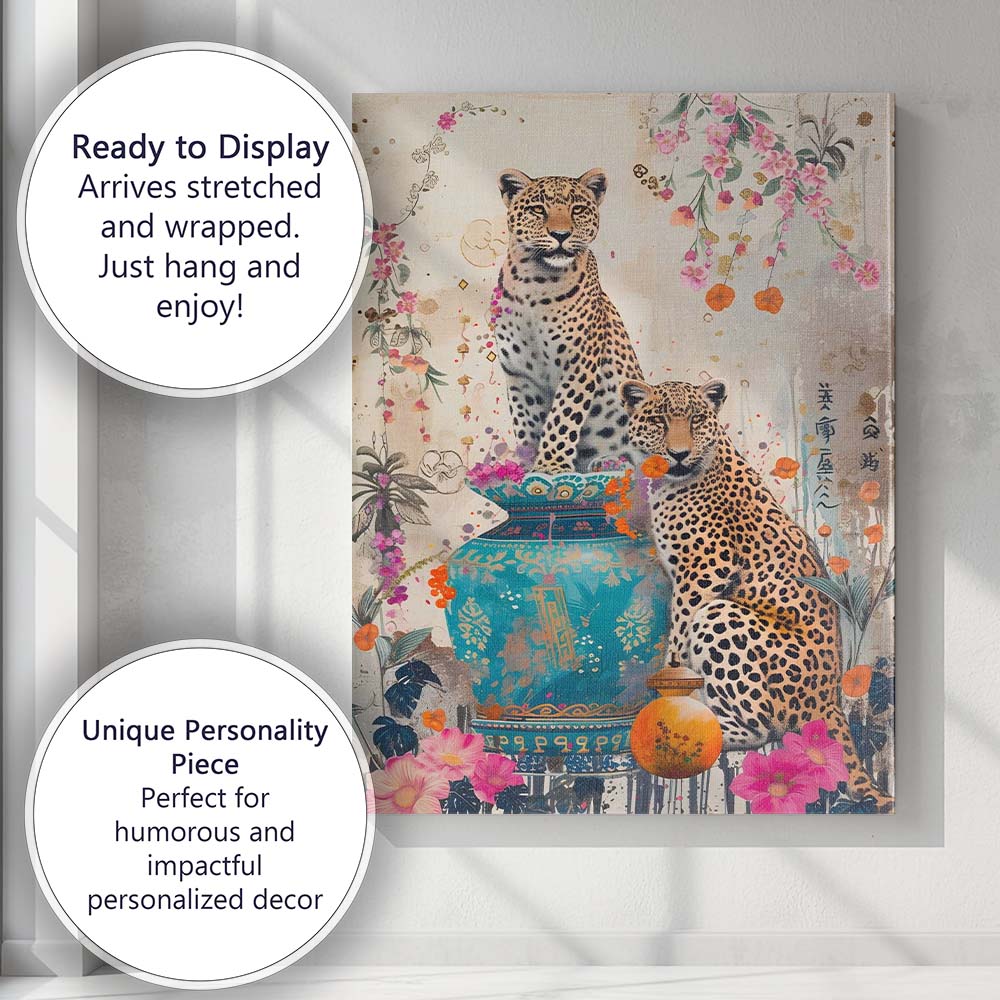 Decorative Leopard Pair With Ornate Blue Vase Floral Collage Canvas Wall Art Print Decor Picture Ready to Hang