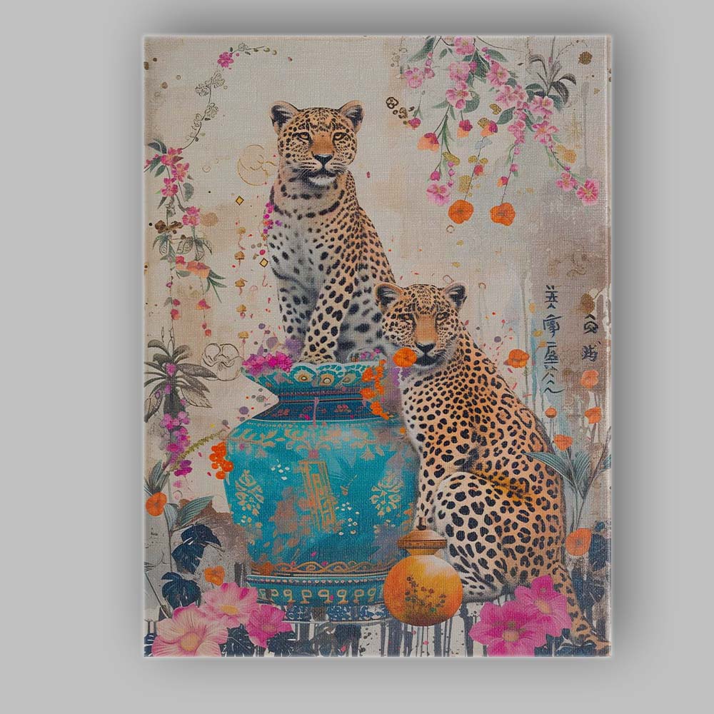 Decorative Leopard Pair With Ornate Blue Vase Floral Collage Canvas Wall Art Print Decor Picture Ready to Hang