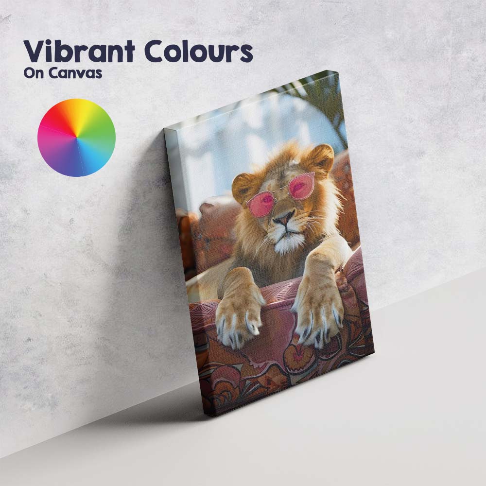 Stylish Lion Wearing Pink Sunglasses Luxury Lounge Portrait Canvas Wall Art Print Decor Picture Ready to Hang