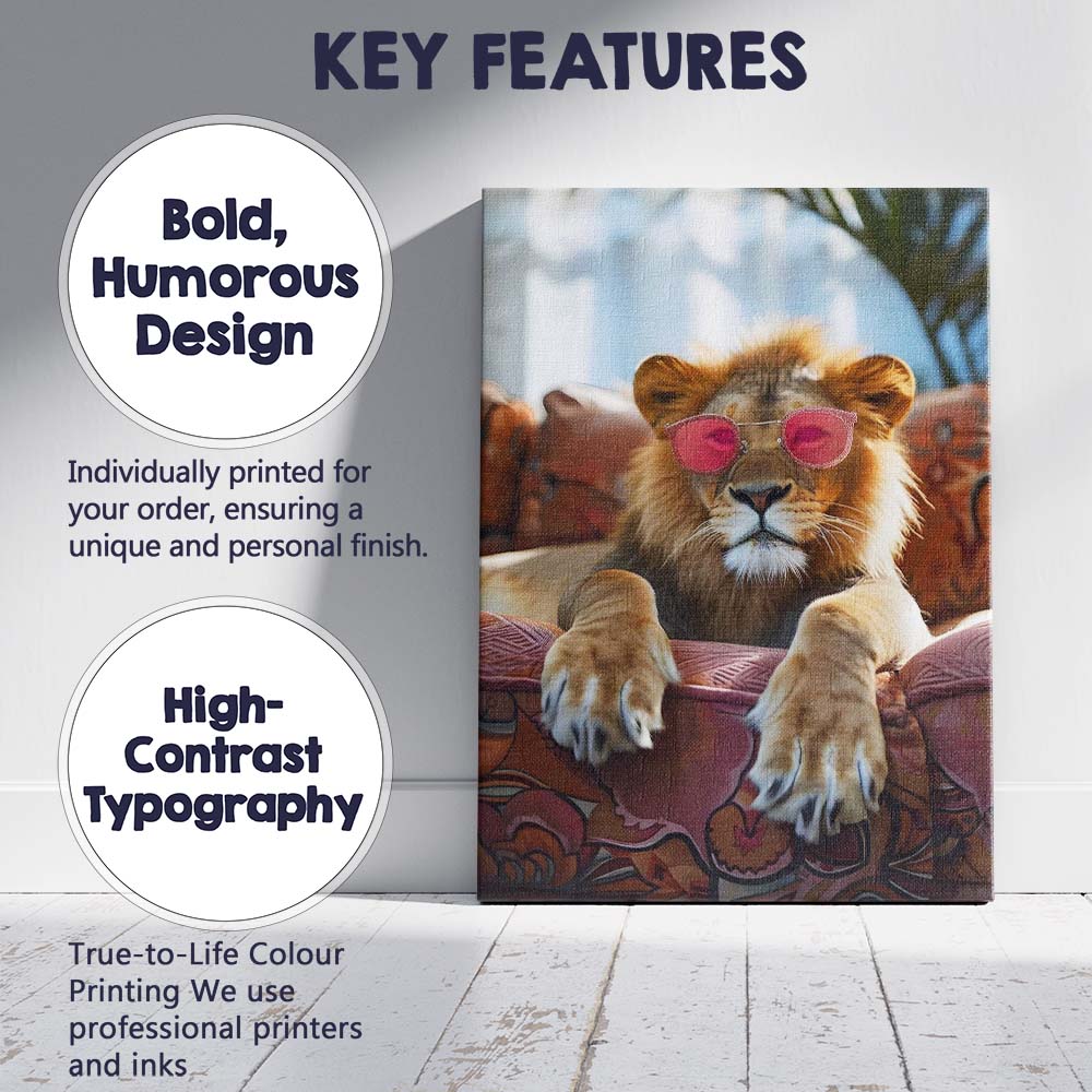 Stylish Lion Wearing Pink Sunglasses Luxury Lounge Portrait Canvas Wall Art Print Decor Picture Ready to Hang