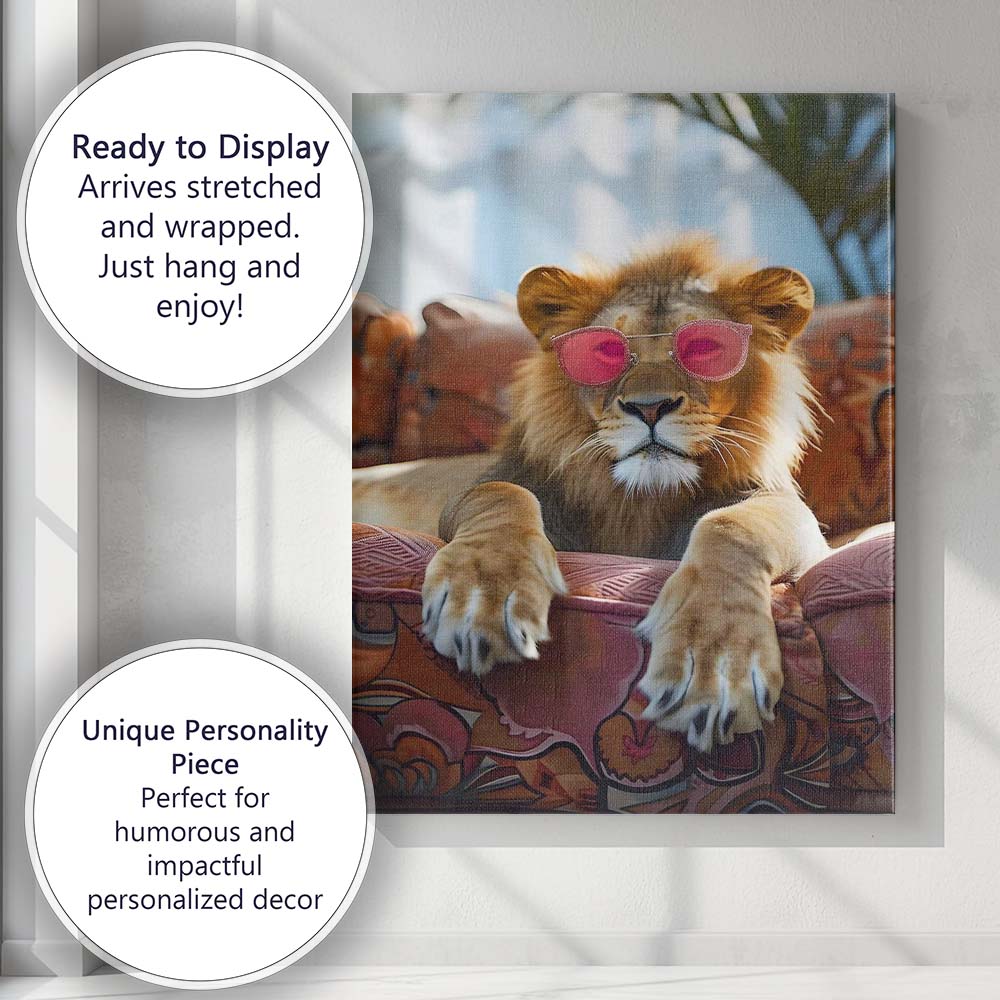 Stylish Lion Wearing Pink Sunglasses Luxury Lounge Portrait Canvas Wall Art Print Decor Picture Ready to Hang