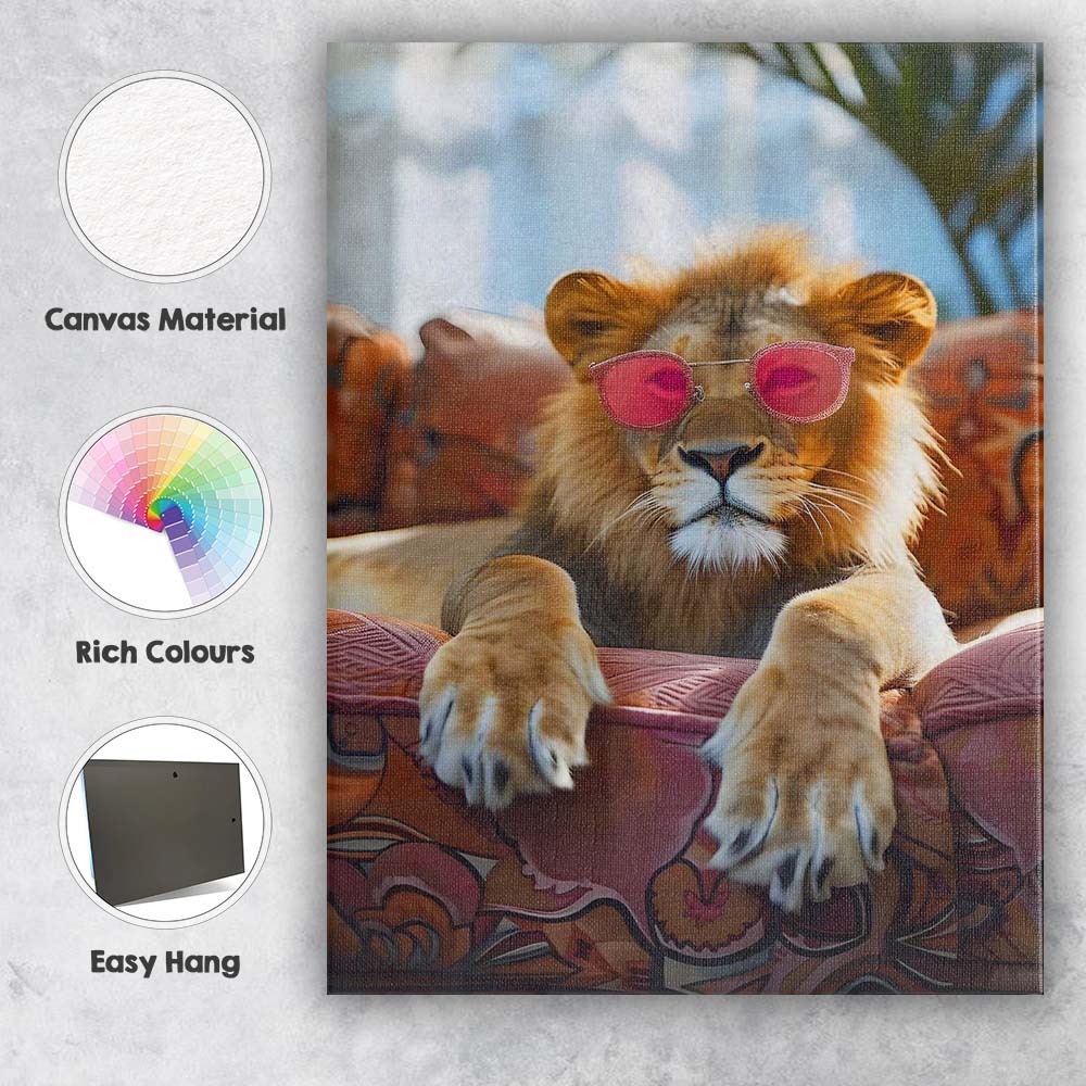 Stylish Lion Wearing Pink Sunglasses Luxury Lounge Portrait Canvas Wall Art Print Decor Picture Ready to Hang