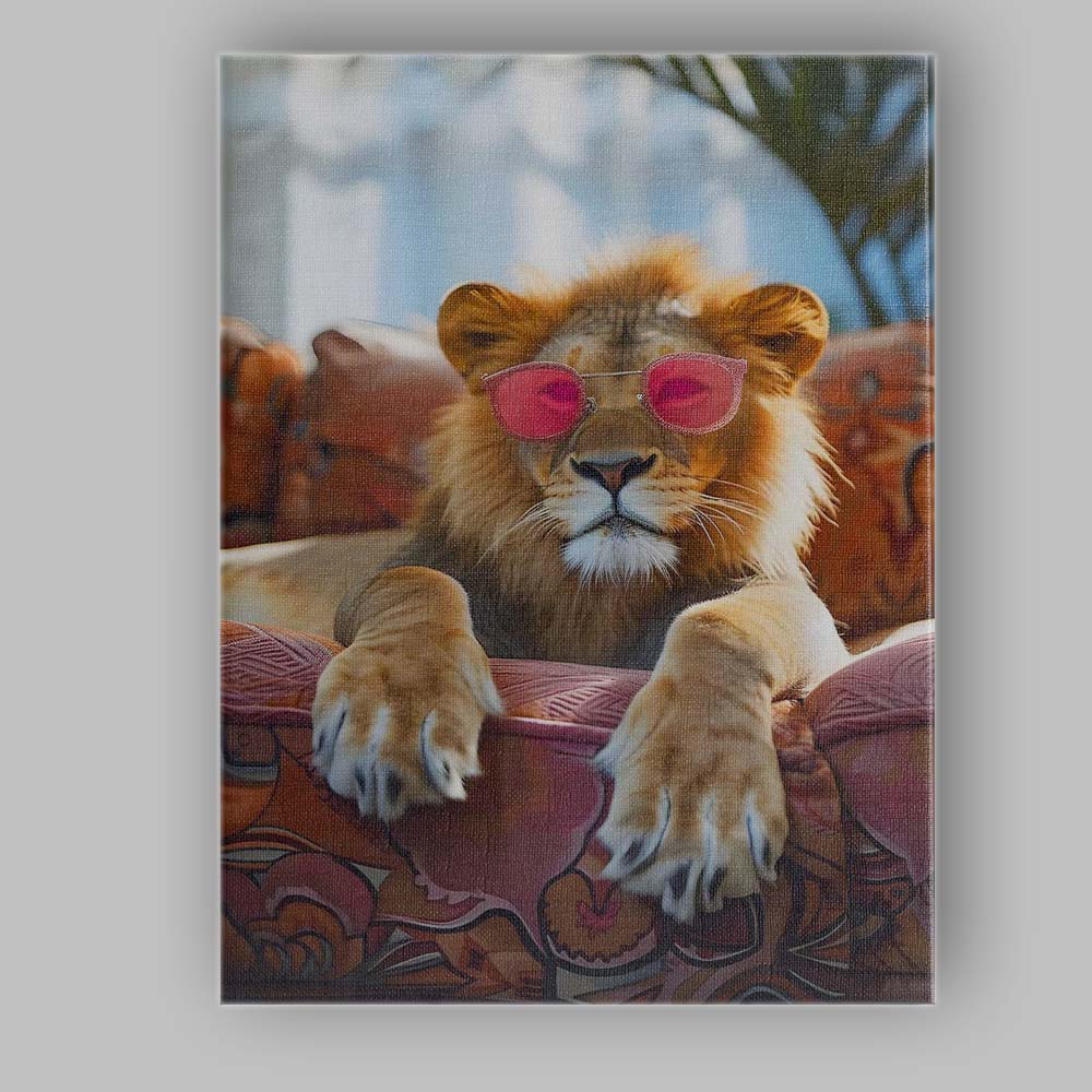 Stylish Lion Wearing Pink Sunglasses Luxury Lounge Portrait Canvas Wall Art Print Decor Picture Ready to Hang