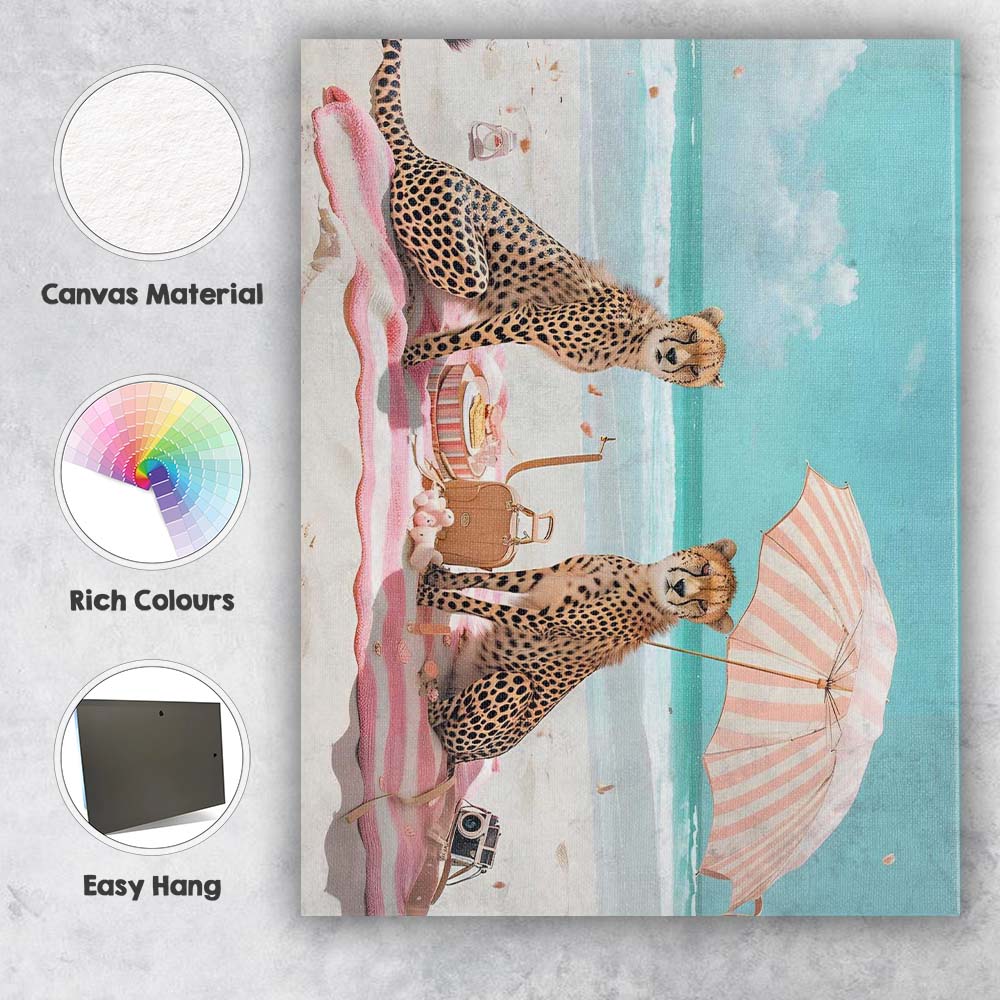 Pastel Beach Picnic Cheetah Pair Summer Coastal Scene Canvas Wall Art Print Decor Picture Ready to Hang