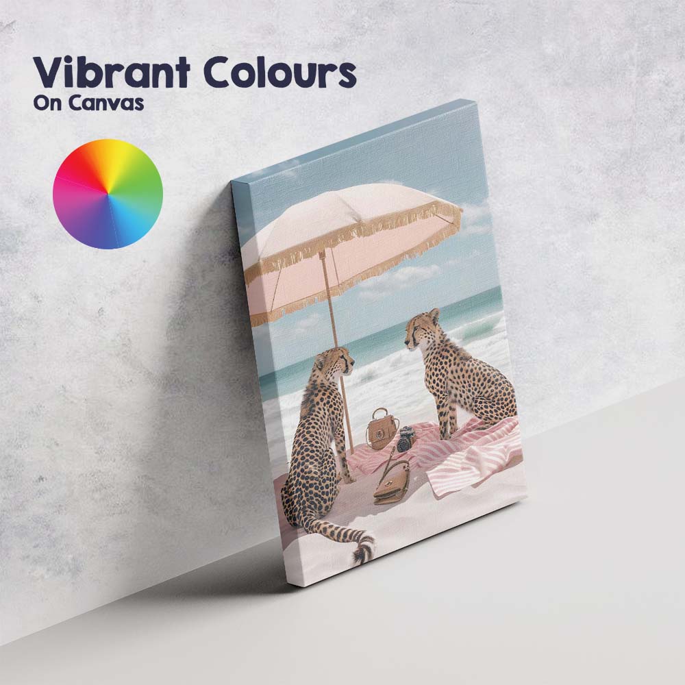 Luxury Cheetah Couple Under Pink Beach Umbrella Canvas Wall Art Print Decor Picture Ready to Hang