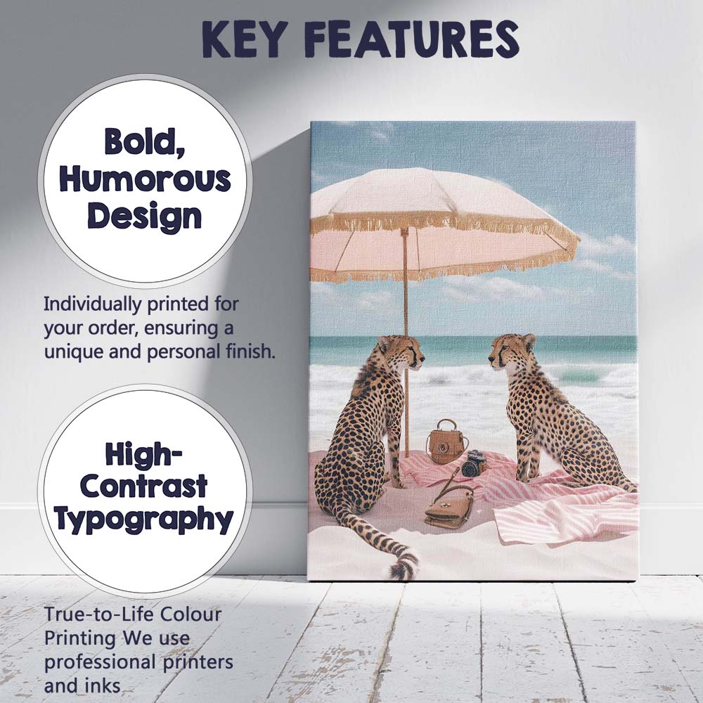 Luxury Cheetah Couple Under Pink Beach Umbrella Canvas Wall Art Print Decor Picture Ready to Hang