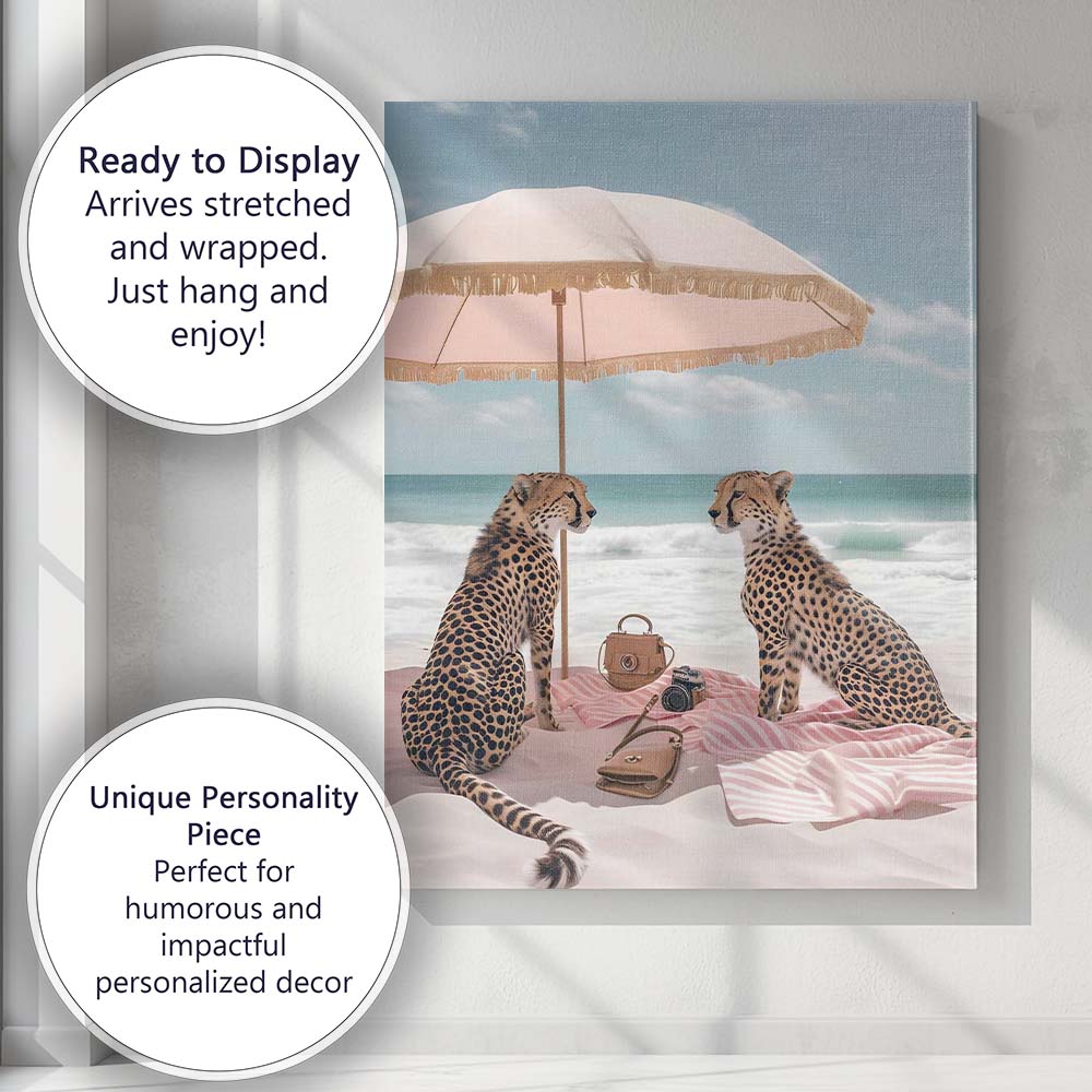 Luxury Cheetah Couple Under Pink Beach Umbrella Canvas Wall Art Print Decor Picture Ready to Hang