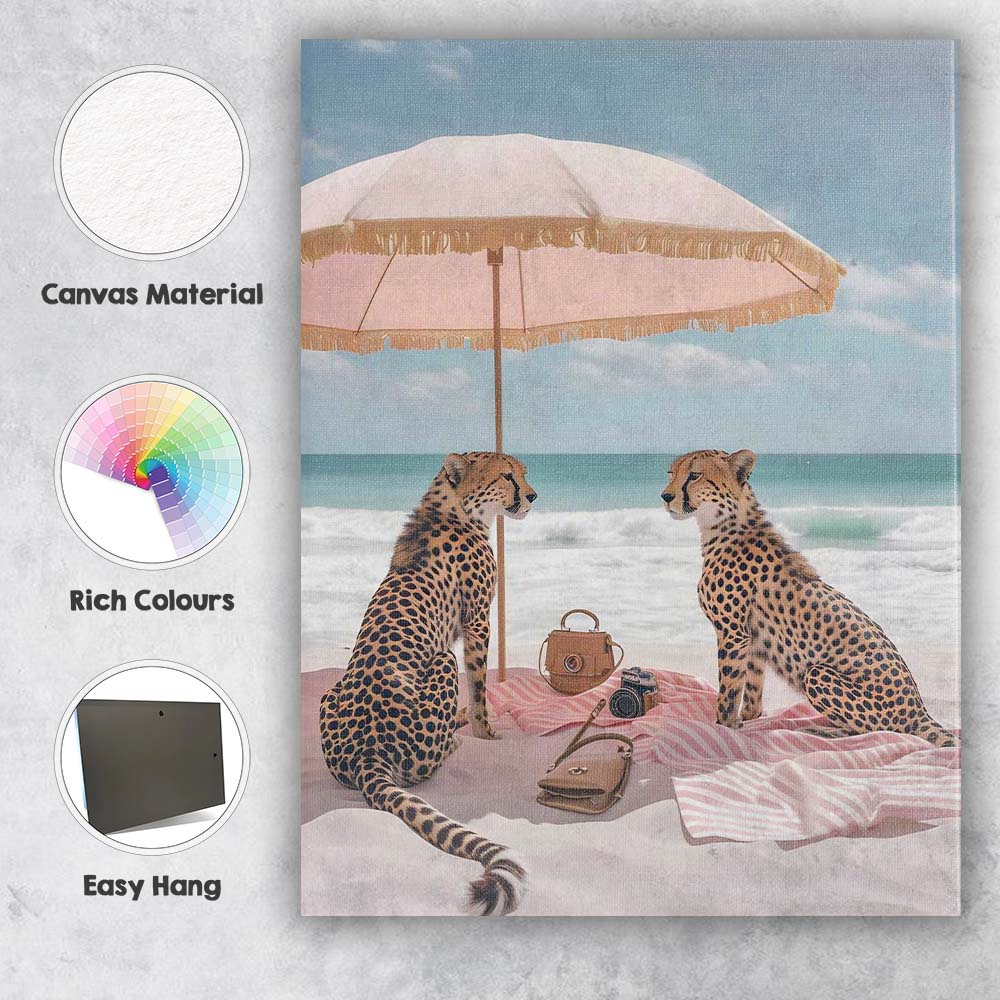 Luxury Cheetah Couple Under Pink Beach Umbrella Canvas Wall Art Print Decor Picture Ready to Hang