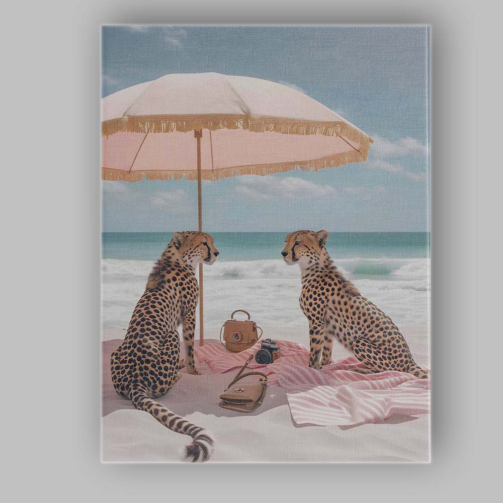 Luxury Cheetah Couple Under Pink Beach Umbrella Canvas Wall Art Print Decor Picture Ready to Hang