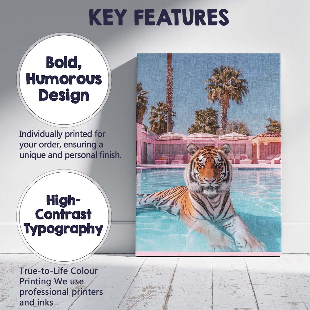 Elegant Tiger Swimming In Pastel Pink Luxury Pool Canvas Wall Art Print Decor Picture Ready to Hang