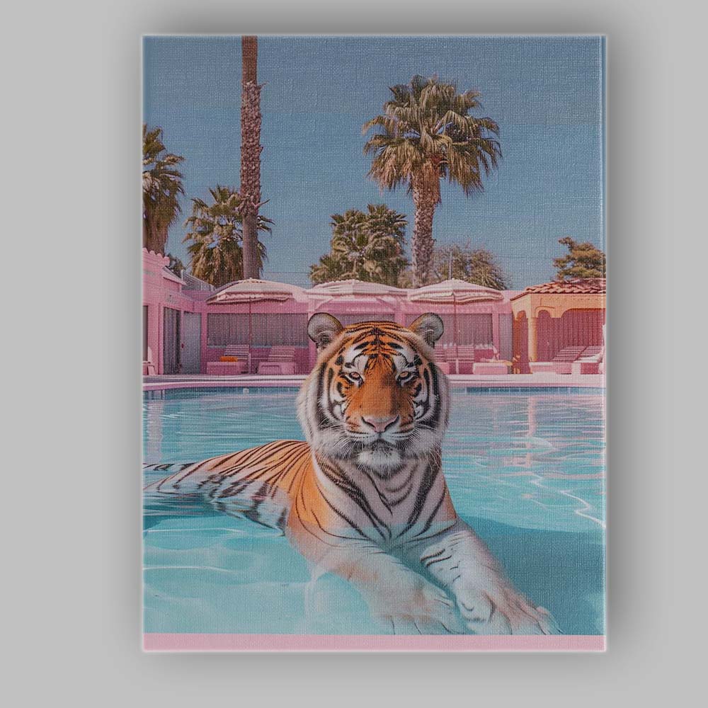 Elegant Tiger Swimming In Pastel Pink Luxury Pool Canvas Wall Art Print Decor Picture Ready to Hang