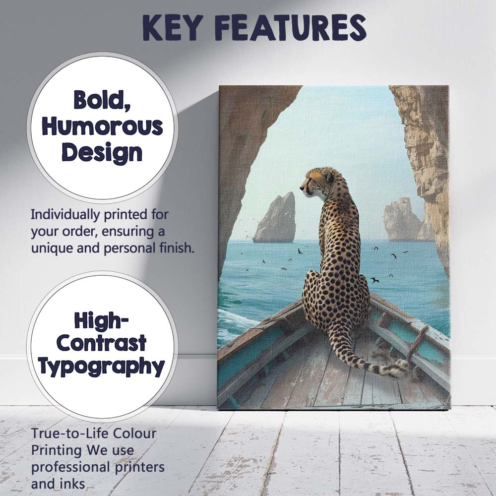 Coastal Cheetah Sailing Through Sea Cave Adventure Canvas Wall Art Print Decor Picture Ready to Hang