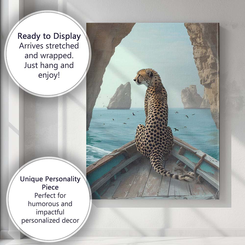 Coastal Cheetah Sailing Through Sea Cave Adventure Canvas Wall Art Print Decor Picture Ready to Hang