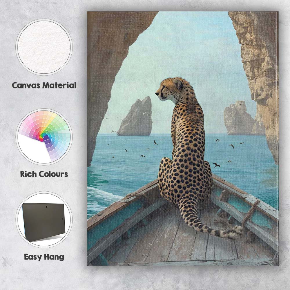 Coastal Cheetah Sailing Through Sea Cave Adventure Canvas Wall Art Print Decor Picture Ready to Hang