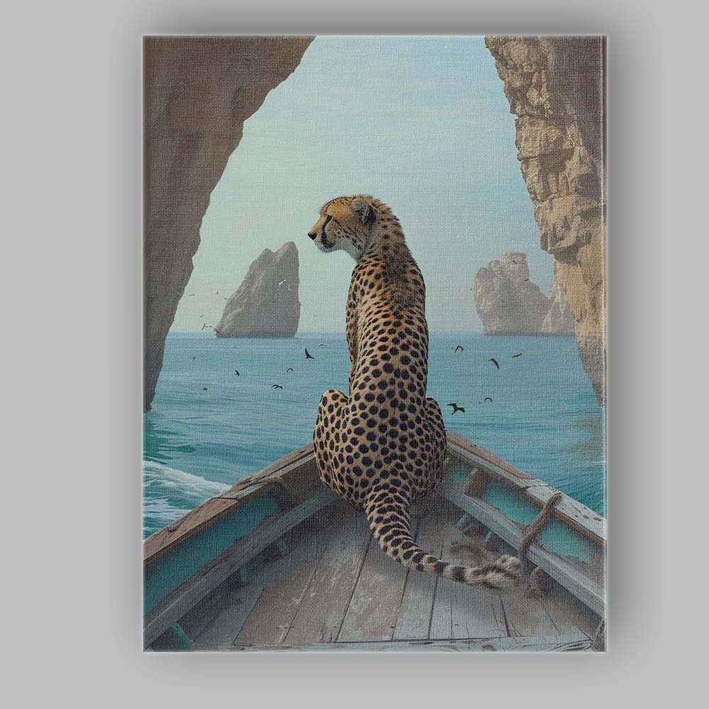 Coastal Cheetah Sailing Through Sea Cave Adventure Canvas Wall Art Print Decor Picture Ready to Hang
