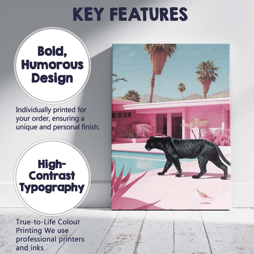 Elegant Black Panther Walking By Pink Luxury Pool Canvas Wall Art Print Decor Picture Ready to Hang