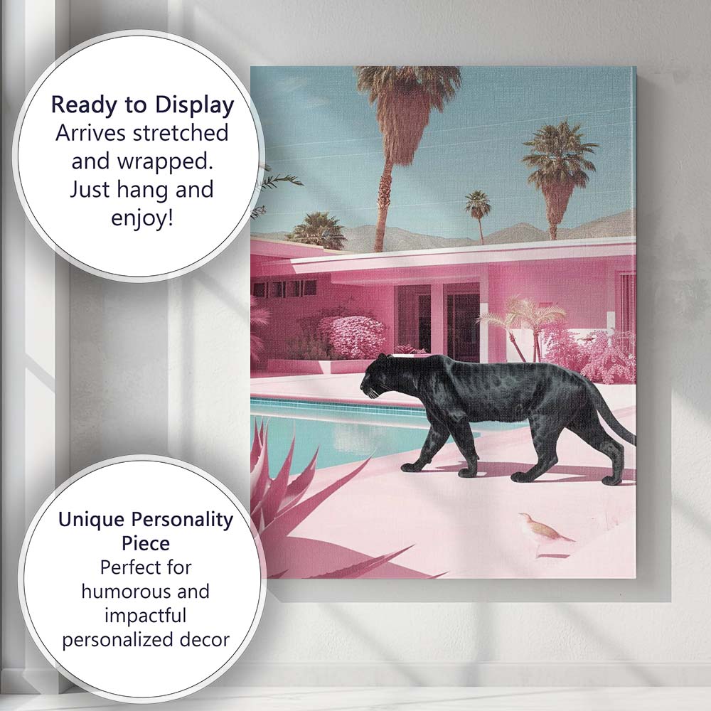 Elegant Black Panther Walking By Pink Luxury Pool Canvas Wall Art Print Decor Picture Ready to Hang