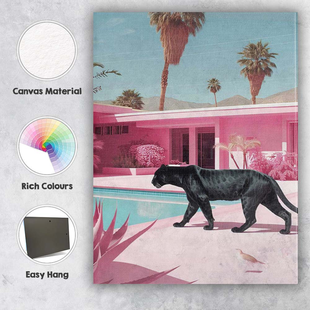 Elegant Black Panther Walking By Pink Luxury Pool Canvas Wall Art Print Decor Picture Ready to Hang