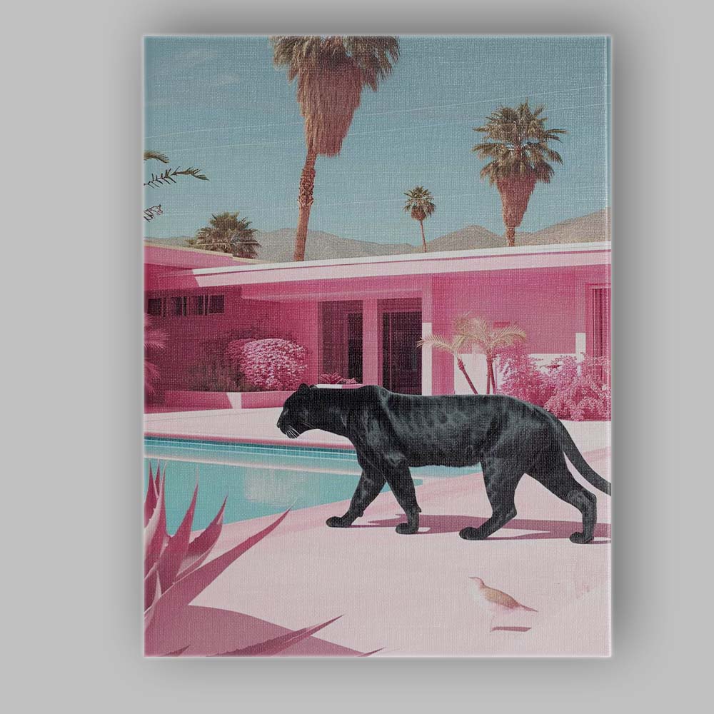 Elegant Black Panther Walking By Pink Luxury Pool Canvas Wall Art Print Decor Picture Ready to Hang