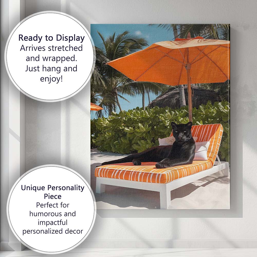 Luxury Black Panther Relaxing On Orange Beach Sun Lounger Canvas Wall Art Print Decor Picture Ready to Hang