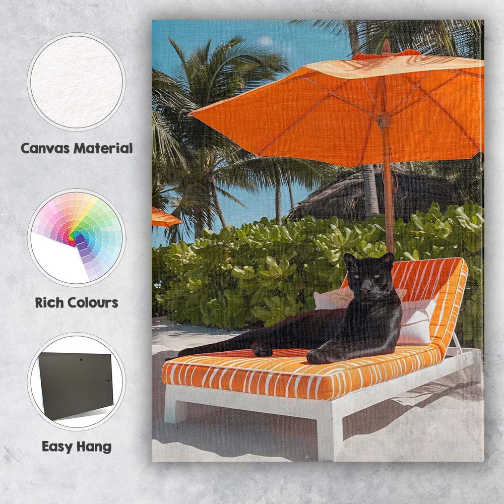 Luxury Black Panther Relaxing On Orange Beach Sun Lounger Canvas Wall Art Print Decor Picture Ready to Hang