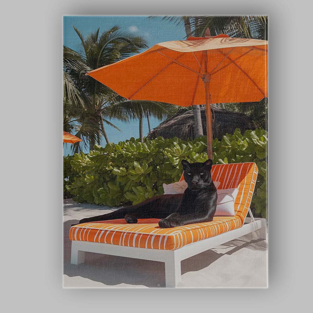 Luxury Black Panther Relaxing On Orange Beach Sun Lounger Canvas Wall Art Print Decor Picture Ready to Hang