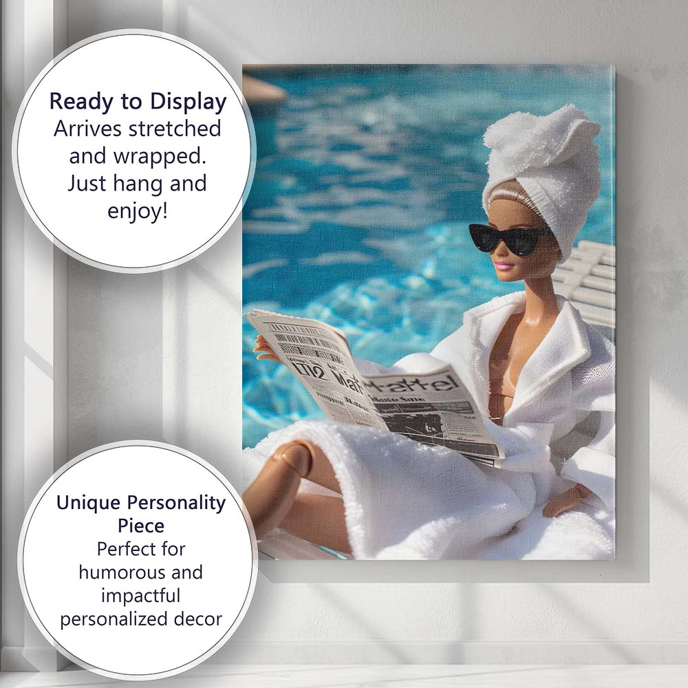 Glamorous Spa Barbie Reading Newspaper By Swimming Pool Canvas Wall Art Print Decor Picture Ready to Hang