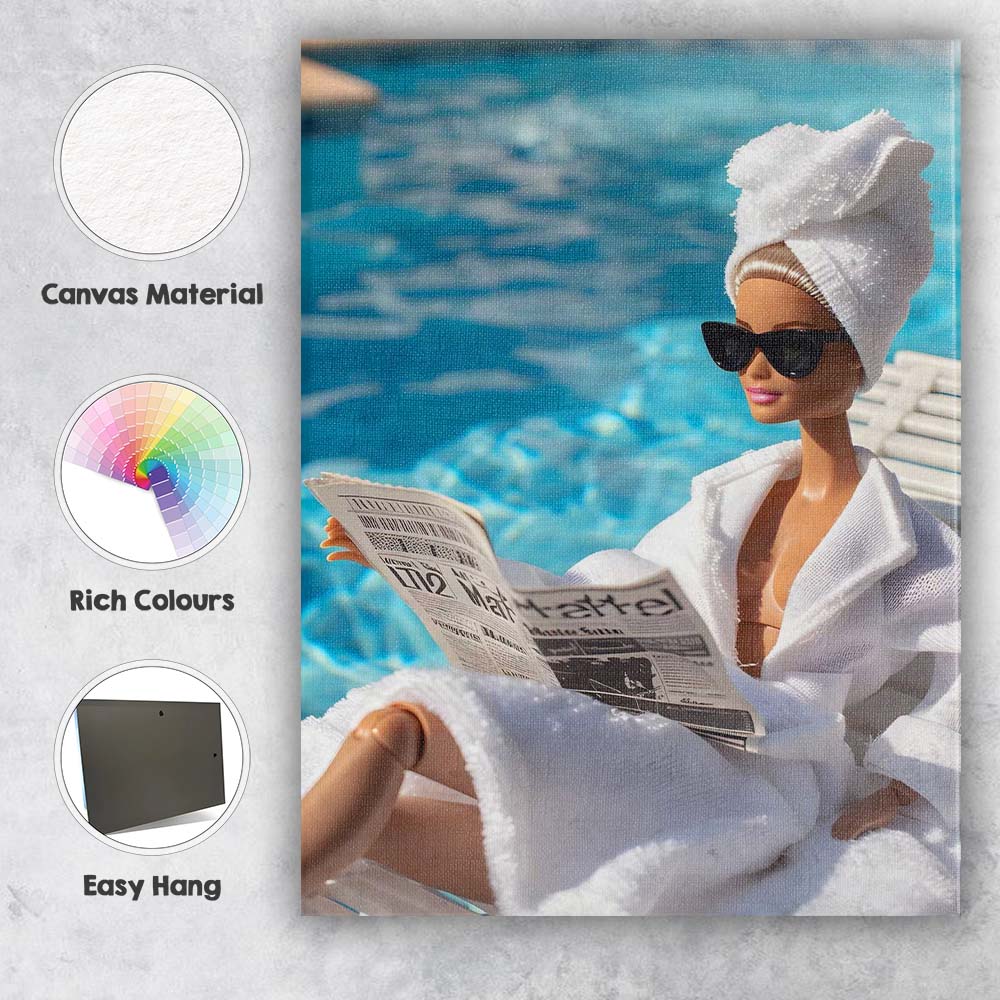Glamorous Spa Barbie Reading Newspaper By Swimming Pool Canvas Wall Art Print Decor Picture Ready to Hang