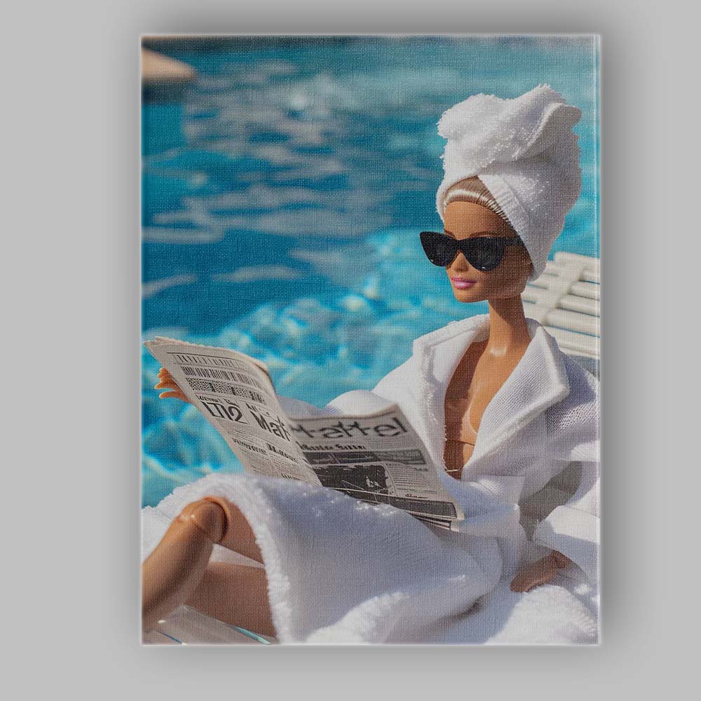 Glamorous Spa Barbie Reading Newspaper By Swimming Pool Canvas Wall Art Print Decor Picture Ready to Hang