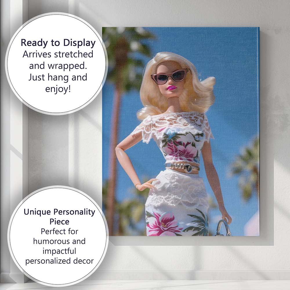 Fashion Barbie In White Floral Lace Summer Dress Canvas Wall Art Print Decor Picture Ready to Hang