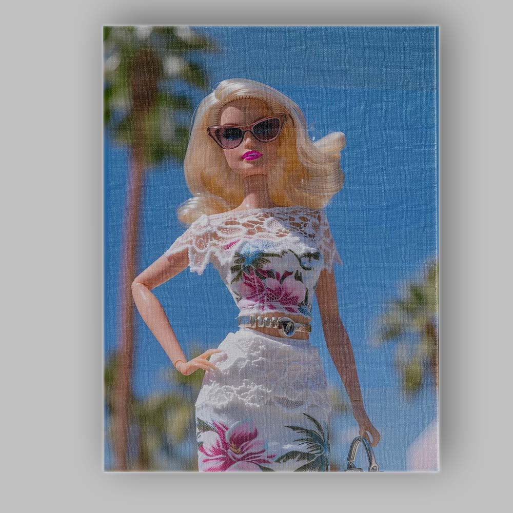 Fashion Barbie In White Floral Lace Summer Dress Canvas Wall Art Print Decor Picture Ready to Hang