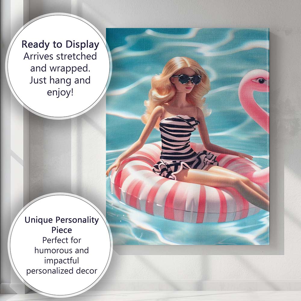 Glamorous Barbie On Pink Flamingo Pool Float Canvas Wall Art Print Decor Picture Ready to Hang