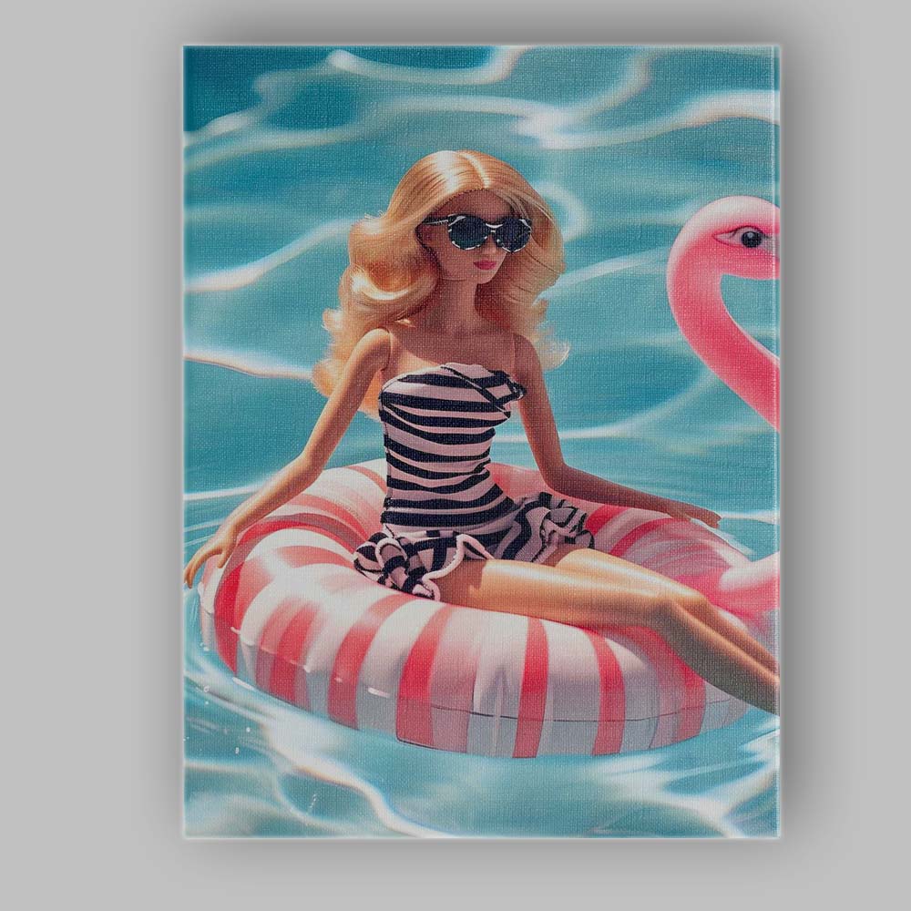 Glamorous Barbie On Pink Flamingo Pool Float Canvas Wall Art Print Decor Picture Ready to Hang