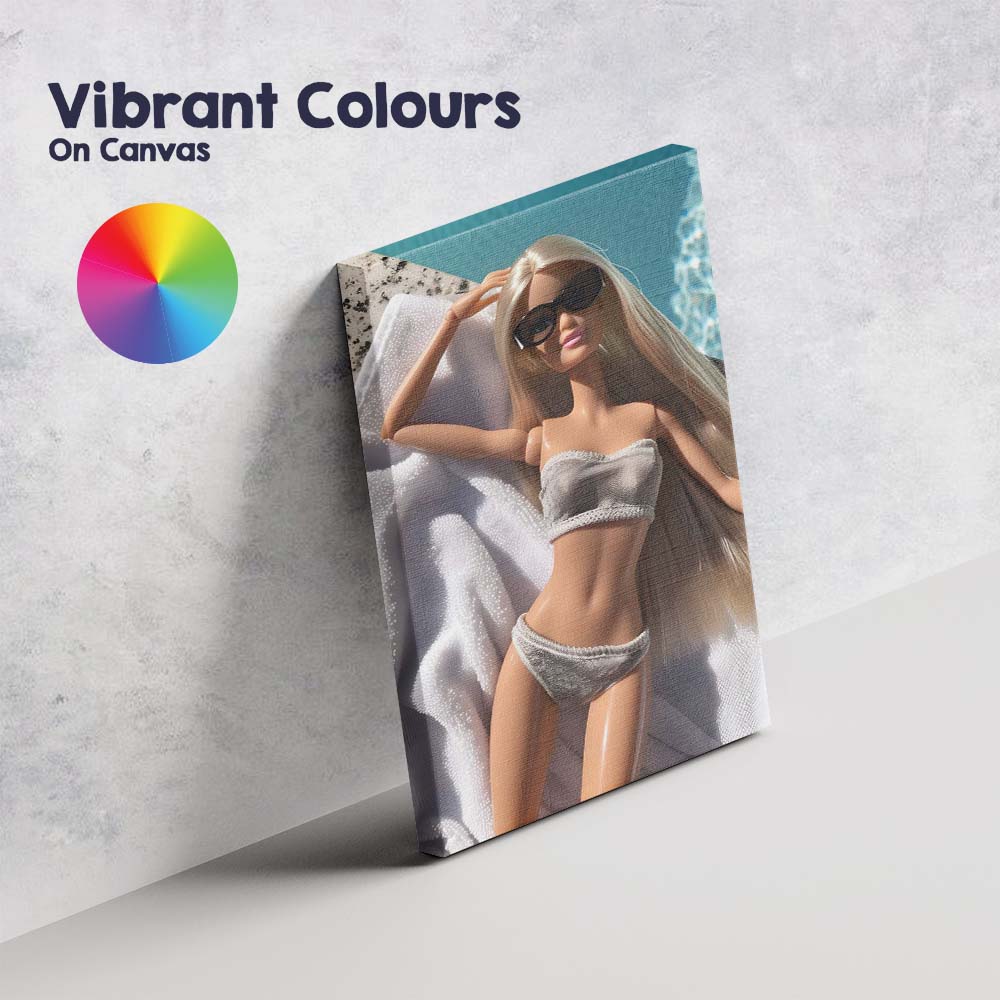 Luxury Barbie Relaxing By Pool In White Bikini Canvas Wall Art Print Decor Picture Ready to Hang
