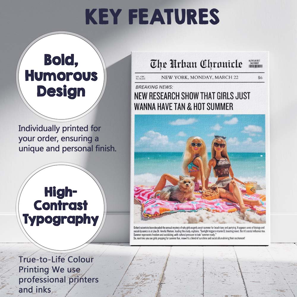 Summer Girls Beach Picnic Newspaper Front Page Canvas Wall Art Print Decor Picture Ready to Hang