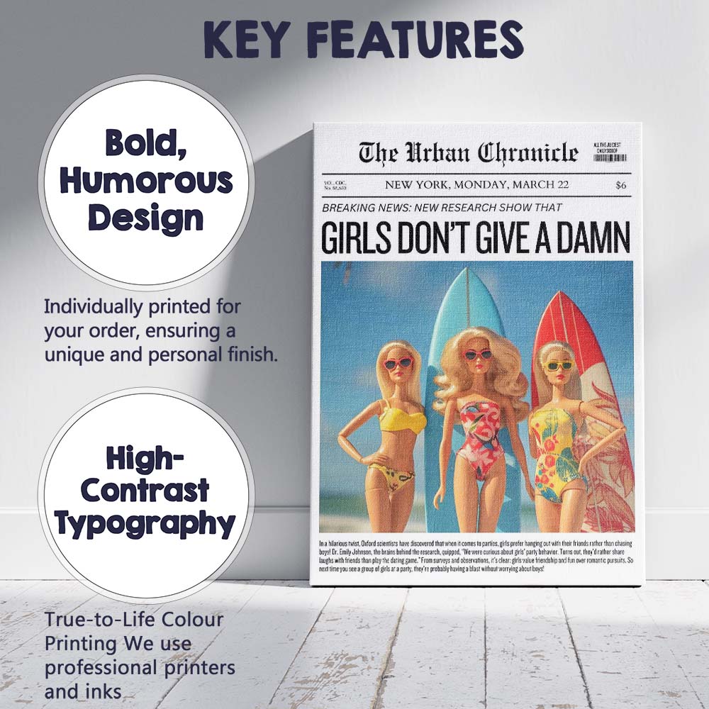 Girls Dont Give A Damn Humorous Newspaper Cover Canvas Wall Art Print Decor Picture Ready to Hang