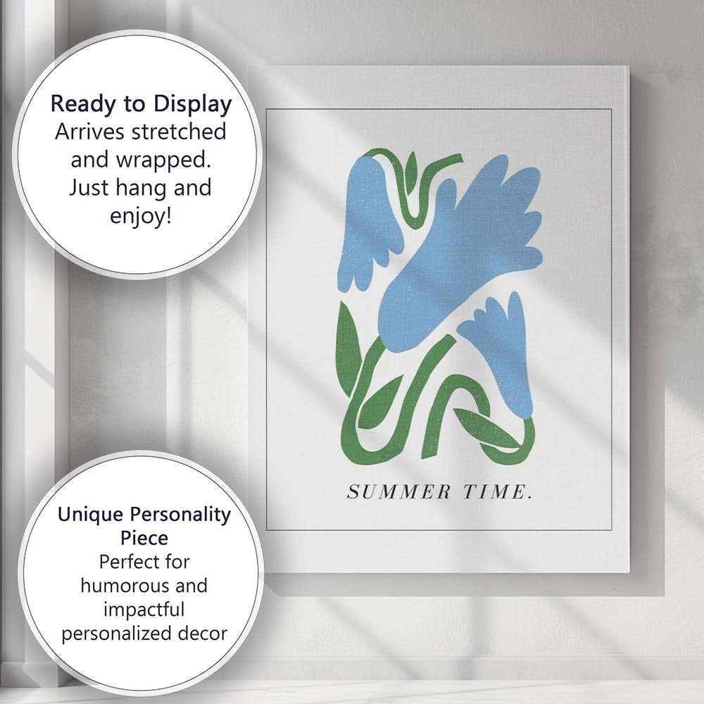 Minimalist Blue Floral Summer Time Abstract Botanical Canvas Wall Art Print Decor Picture Ready to Hang