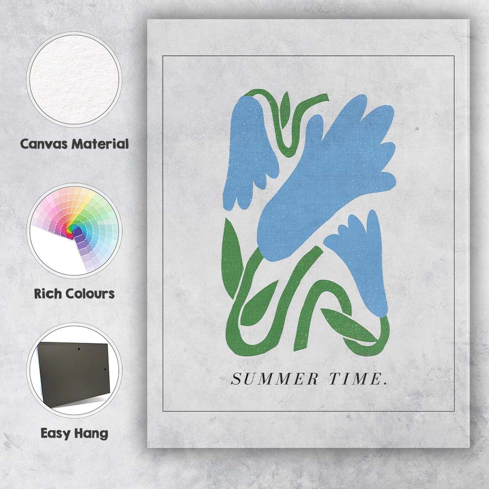 Minimalist Blue Floral Summer Time Abstract Botanical Canvas Wall Art Print Decor Picture Ready to Hang