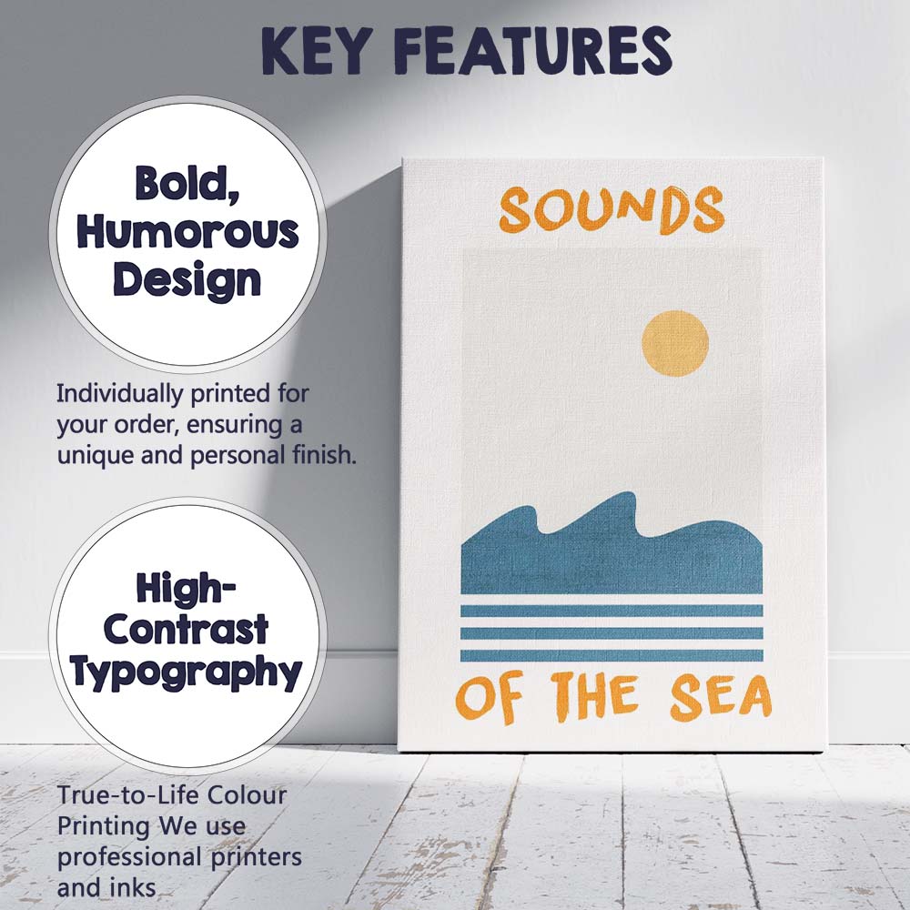 Minimalist Sounds Of The Sea Coastal Typography Canvas Wall Art Print Decor Picture Ready to Hang