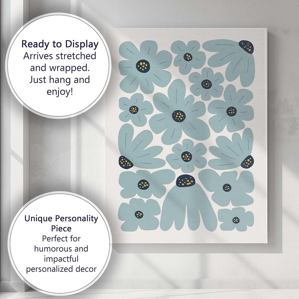 Scandinavian Dusty Blue Floral Retro Folk Art Canvas Wall Art Print Decor Picture Ready to Hang